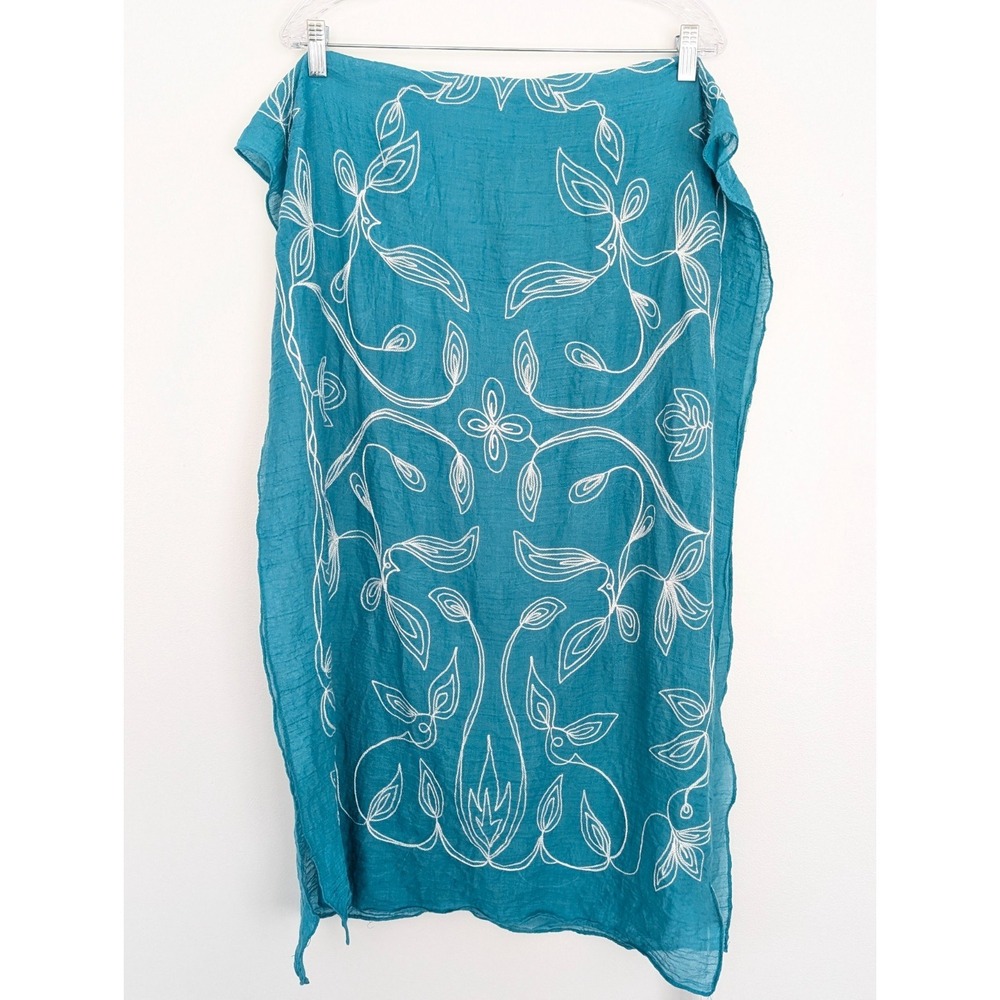 Charming Charlie Embroidered Scarf Long Wrap 72" x 24" Teal White Boho